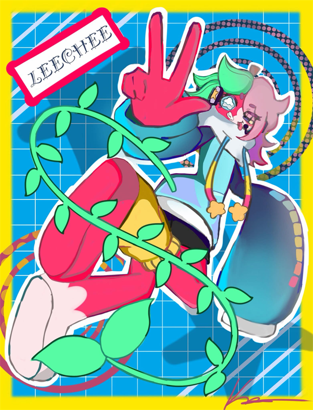 Full-body illustration of a pink-haired character with green hair accents throwing a peace sign, wrapped in a leafy green vine, on a blue grid with a yellow border and a "LEECHEE" name tag. Signed lower right.