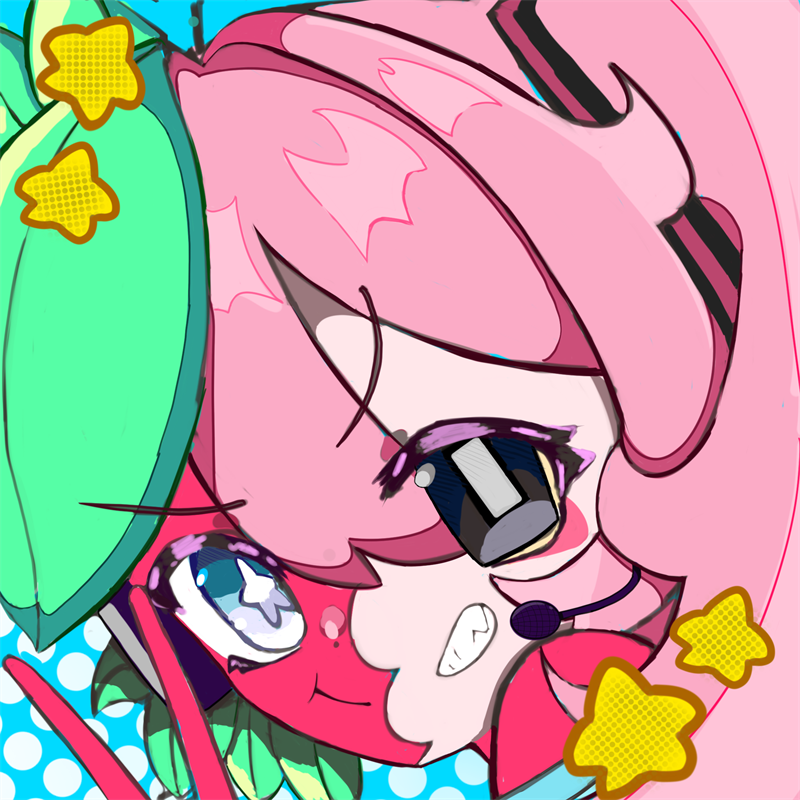 Tight close-up of a pink-haired character with a toothy grin, a headset microphone and mismatched eyes, framed by green leaves and yellow halftone stars on blue polka dots.