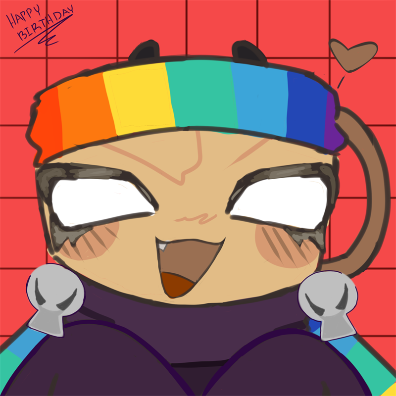 Close-up of a grinning character with blank white eyes, blush, small dark ears and a rainbow headband, holding two grey bells, on a red grid. Handwritten "Happy Birthday" top left and a brown heart top right.