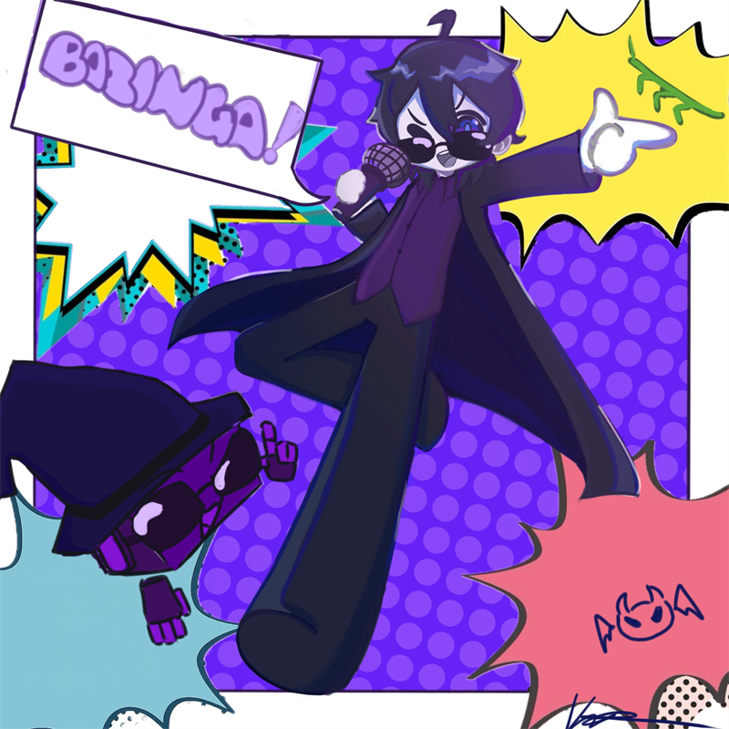 Chibi character in a long dark purple coat and sunglasses holding a microphone and pointing, with a "BAZINGA!" speech bubble and yellow, pink and blue comic bursts on purple polka dots. Signed lower right beside a small bat doodle.