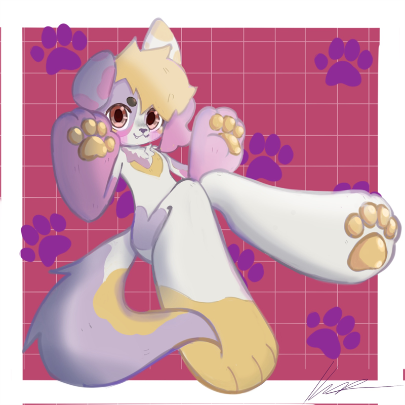 Soft-painted lavender, cream and white furry character with big red eyes, posed with paws and a foot raised to show yellow paw pads, on a raspberry grid with purple paw prints. Signed lower right.