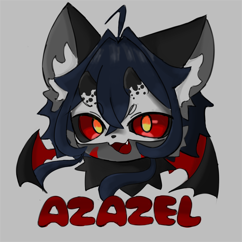 Headshot of a navy-haired character with black cat ears, red and yellow eyes, a fang and red bat wings, above red bubble lettering reading "AZAZEL", on light grey.
