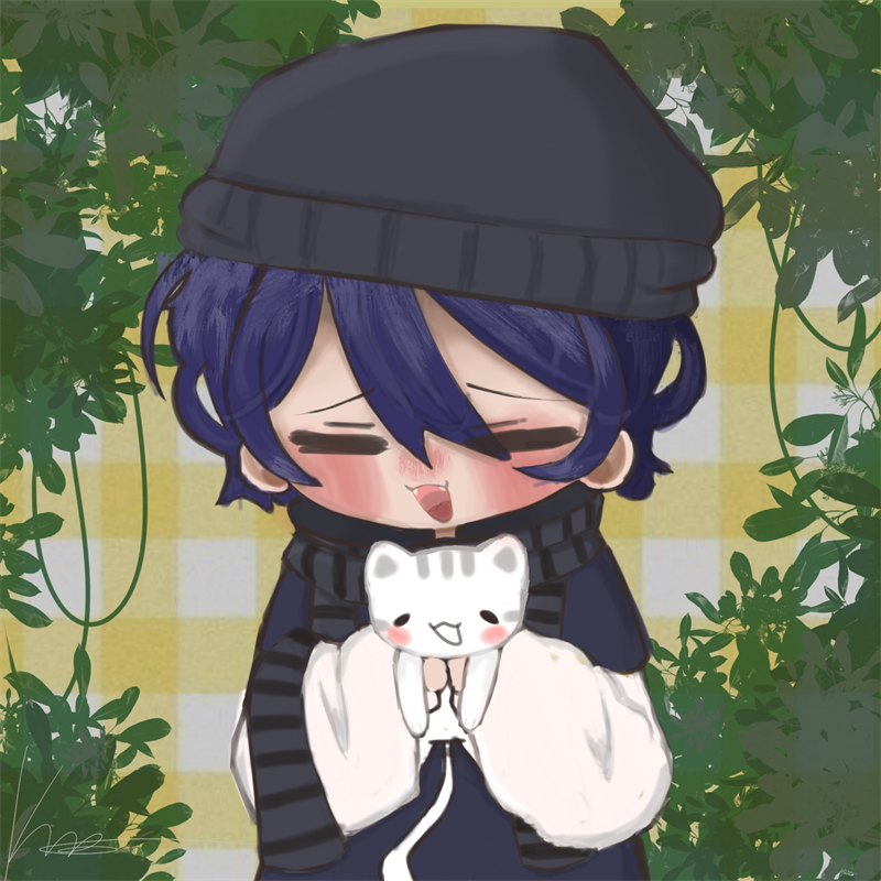Chibi with indigo hair, a dark beanie and a striped scarf, eyes squeezed shut and blushing, hugging a small white kitten, framed by green leaves on yellow gingham. Signed lower left.