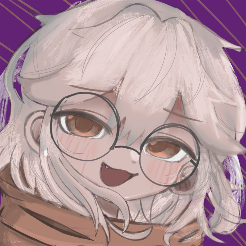 Painted headshot of a white-haired character with round glasses, brown eyes and blush, smiling with a small fang, wearing a brown scarf, on a purple background with diagonal lines. Signed lower left.