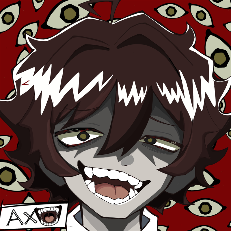 Close-up of a grey-skinned character with shaggy dark brown hair, droopy olive eyes and a wide toothy grin, on a deep red background patterned with eyes. A white tag lower left reads "AX" beside an open-mouth doodle.