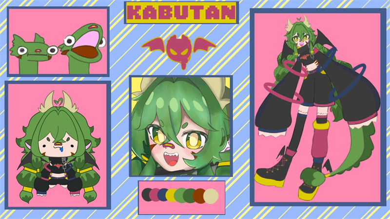 KABUTAN character reference sheet: pixel-lettered title, pink bat-wing emblem, blob-creature doodle, a chibi, a close-up and a full-body view of the green-haired, yellow-eyed dragon girl, plus her colour palette.