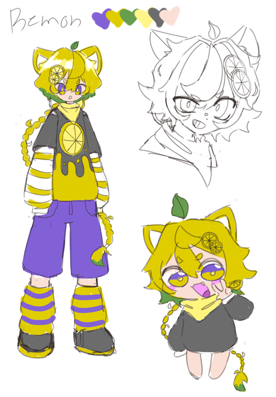 Character sheet of a yellow-haired cat-eared character with lemon-slice hair clips and a leaf sprout: a full-body view in a lemon-print top and purple shorts, a lineart head sketch, a chibi, a heart colour palette and handwritten name lettering.