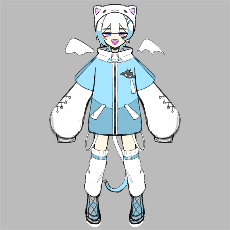 Full-body design of a white- and blue-haired character in a white cat-ear hood, small white bat wings, a light blue zip jacket with oversized white sleeves, leg warmers and a blue tail, on grey.