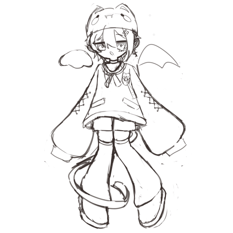 Rough lineart of a character in a cat-face hat with fangs, one fluffy wing and one bat wing, an oversized sailor-collar top with laced sleeves, and a long looping tail.