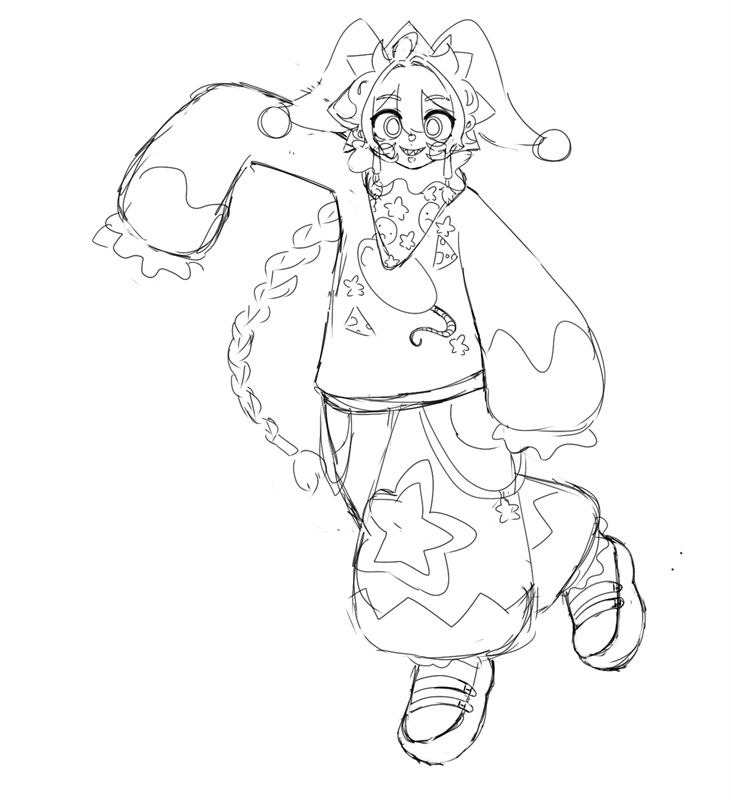 Lineart of a jumping character in a jester hat with pom-poms, a braided tail, a star- and cheese-patterned outfit with ruffled cuffs, and chunky shoes.