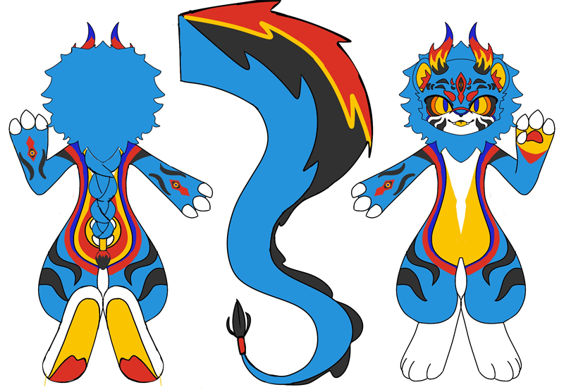 Character design turnaround of a blue lion-like creature with flame-coloured horns: a back view with a braid, a tail study in blue, black, red and yellow, and a front view with a yellow chest marking and a third-eye mark on the forehead.