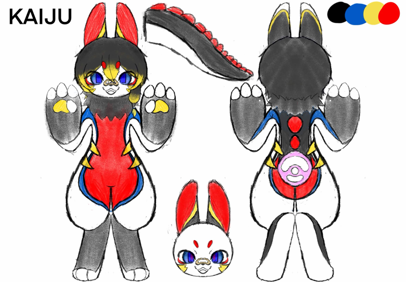 Turnaround sheet labelled "KAIJU": front and back views of a rabbit-eared creature in black, red, white, yellow and blue, plus a spiked tail study, a head view and a four-colour palette.