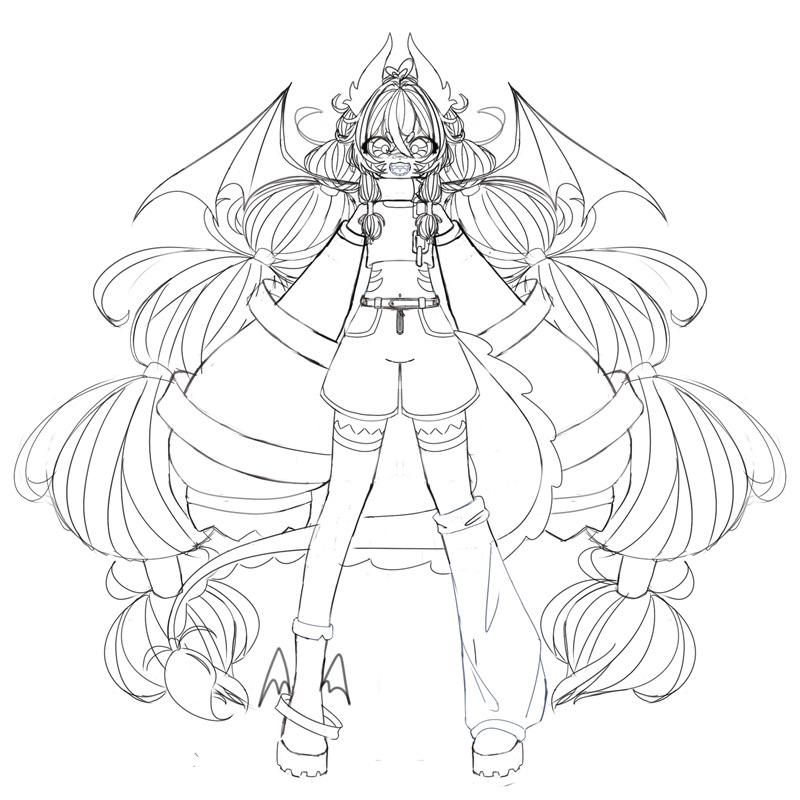 Black-and-white lineart of a full-body character with bat wings, small horns, long layered pigtails, shorts, a tail and mismatched leg wear, standing front-facing on white.