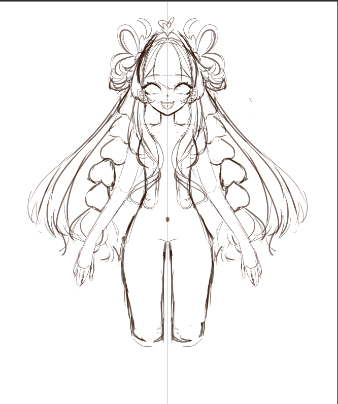 Screenshot of a rough brown sketch of a front-facing long-haired character base with hair buns and a heart ahoge, drawn over a vertical centre guide line.