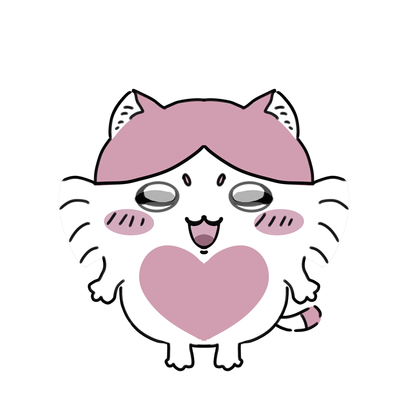 Round white cat-like blob with pink hair, blush, a happy open mouth, a large pink heart on its tummy and a little striped tail, on white.