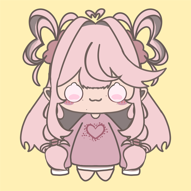 Pink-haired chibi with twin horns, a heart ahoge and a heart-print sweater, shown with big shiny pink eyes and a small cat smile, on pale yellow.
