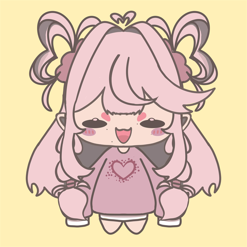The same pink-haired chibi with twin horns and heart-print sweater, shown with closed happy eyes, heart blush and an open laughing mouth, on pale yellow.